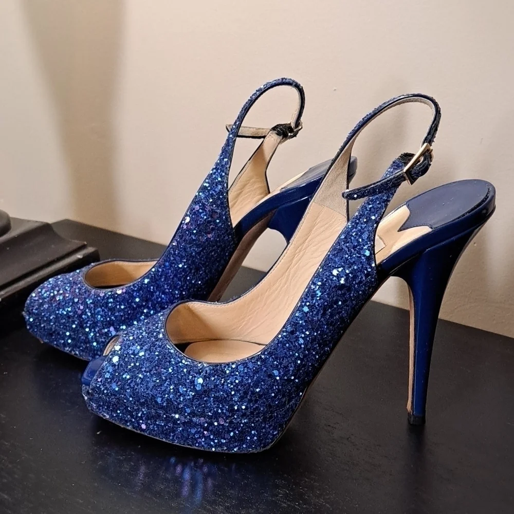 Jimmy Choo Open Toe Glitter Shoes 12cm lift Size 36.5 - Picture 4 of 12